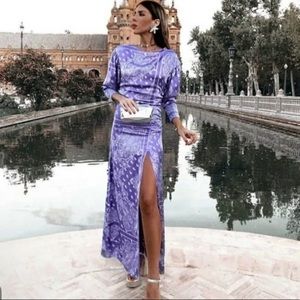 Zara Satin Lilac Paisley Dress With Slit